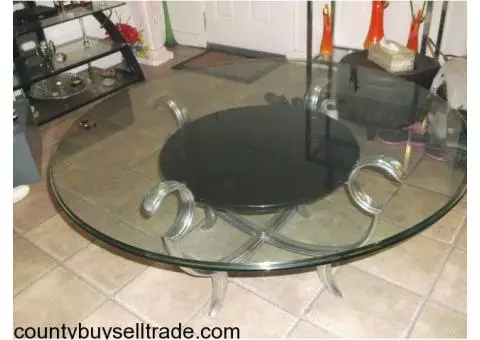 Large Granite Chrome and Beveled Glass Round Table